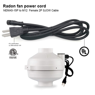 Radon Fan Power Cord NEMA5-15P To M12 2-Pin 18AWG 2C SJOW Waterproof Cable
