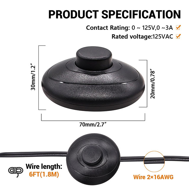 5FT Foot Pedal Switch AC 125V Inline Push Button with Polarized Wire Plug & Round Control Lamp for Christmas Tree Decorations ‌