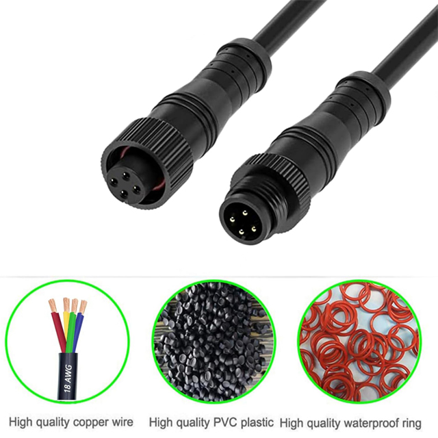M12 4-Pin LED Connector Set - Male & Female Plug with 30cm 18AWG Cable, IP67 Waterproof for Outdoor LED Strips, Car, Truck, Boat Lighting