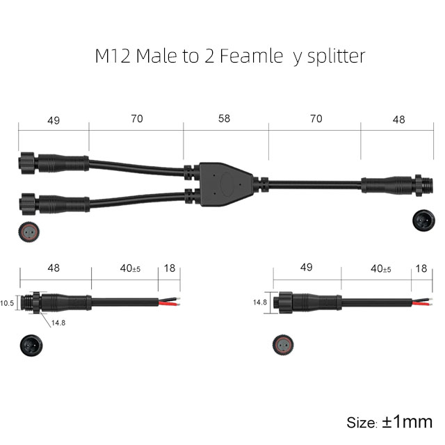 M12 2-Pin Y Splitter Cable 1 Male To 2 Female - 18AWG IP68 Waterproof for LED Lights