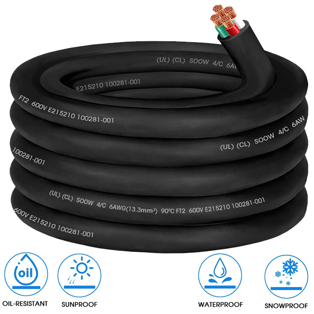 6/4 AWG SOOW Portable Power Cable - 600V 4 Conductor 20ft - for Welder, Generator, EV Charger, Industrial Use