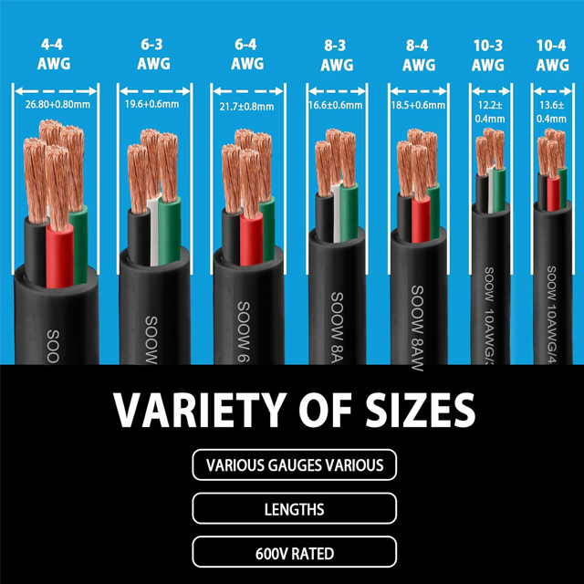6/4 AWG SOOW Portable Power Cable - 600V 4 Conductor 20ft - for Welder, Generator, EV Charger, Industrial Use